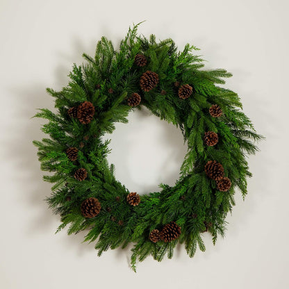30in. Artificial Norfolk Mixed Pine Wreath with Pinecones