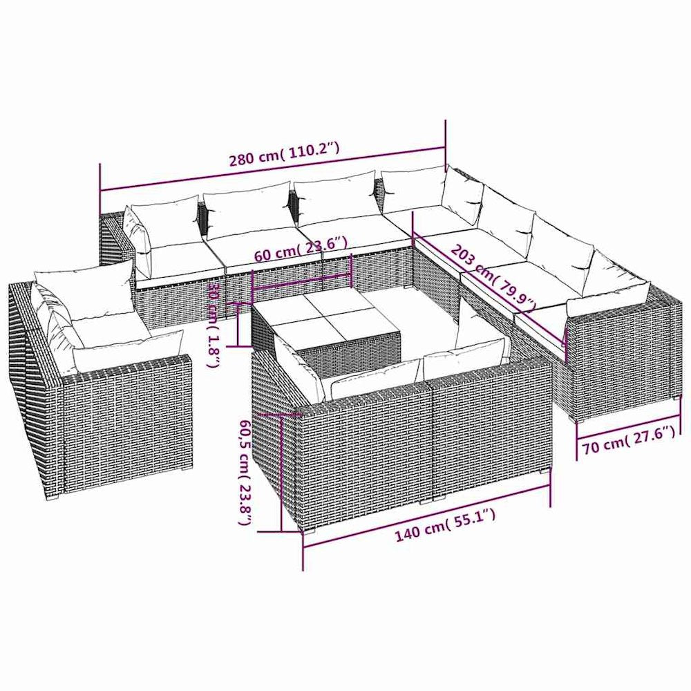 vidaXL 12 Piece Patio Lounge Set with Cushions Black Poly Rattan