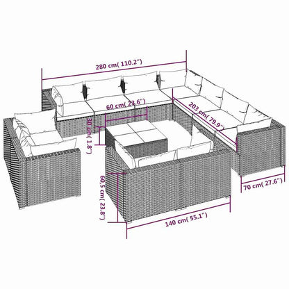 vidaXL 12 Piece Patio Lounge Set with Cushions Black Poly Rattan