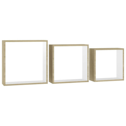 Wall Cube Shelf Set of 3 White and Sonoma Oak MDF Small to Medium