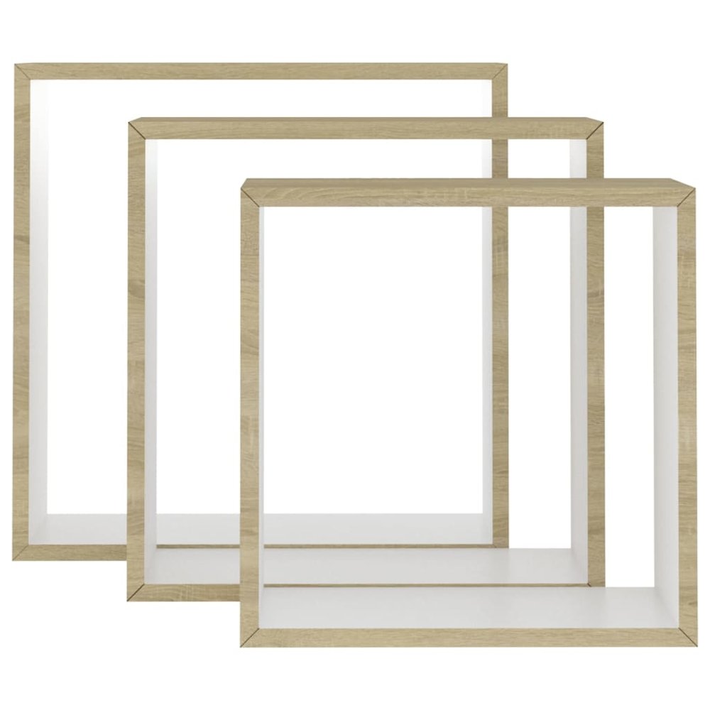 Wall Cube Shelf Set of 3 White and Sonoma Oak MDF Small to Medium