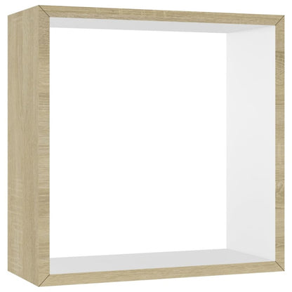 Wall Cube Shelf Set of 3 White and Sonoma Oak MDF Small to Medium