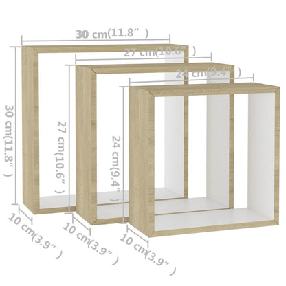 Wall Cube Shelf Set of 3 White and Sonoma Oak MDF Small to Medium