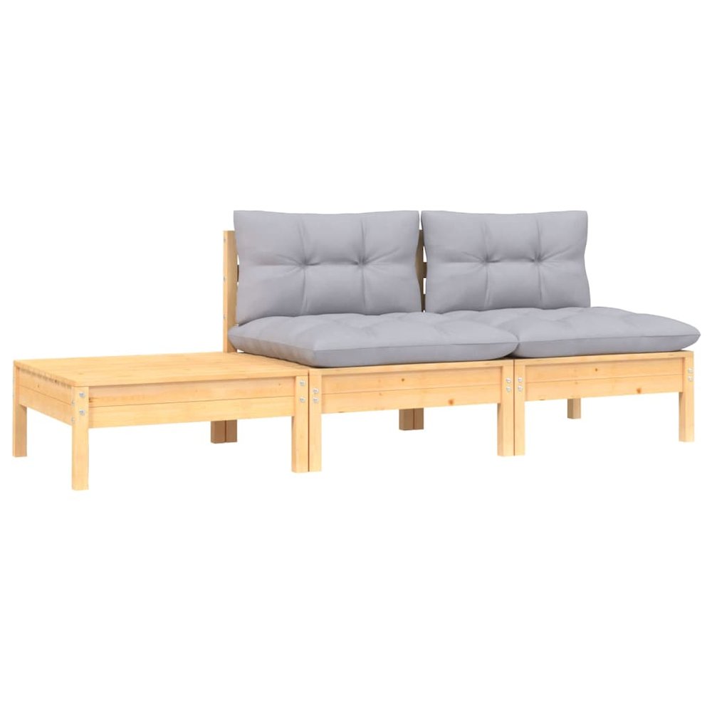 3 Piece Patio Lounge Set with Gray Cushions Solid Pinewood