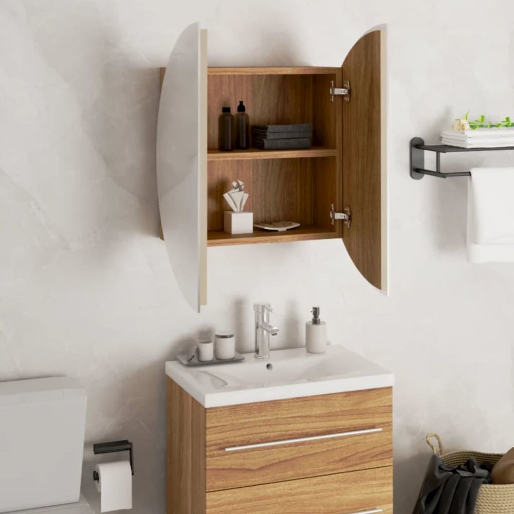 Bathroom Cabinet Oak, White Engineered wood, Glass, PVC, Copper