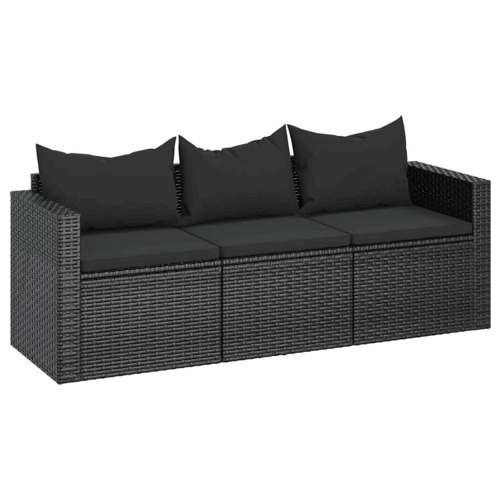 3-Seater Patio Sofa with Cushions Black Poly Rattan