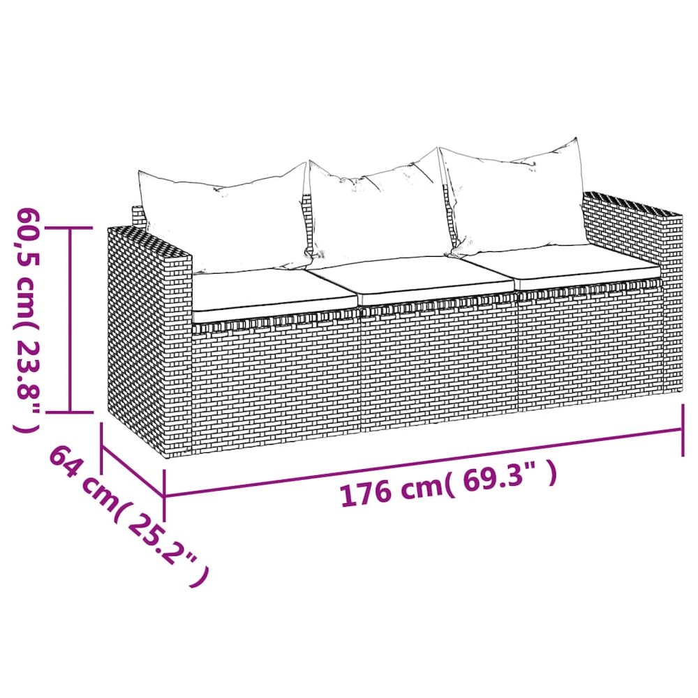 3-Seater Patio Sofa with Cushions Black Poly Rattan