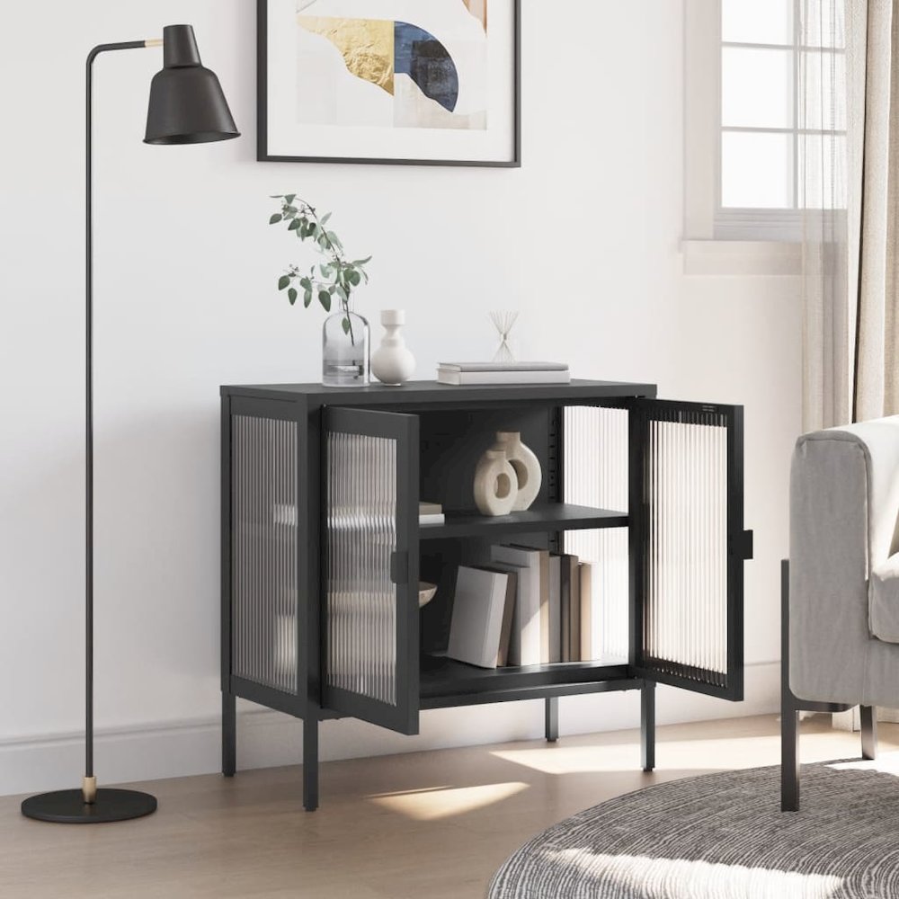 Sideboard Black Powder-coated steel, fluted glass Medium