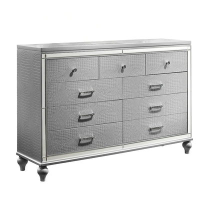 Furniture Valentine Solid Wood Dresser with 9 Drawers in Silver