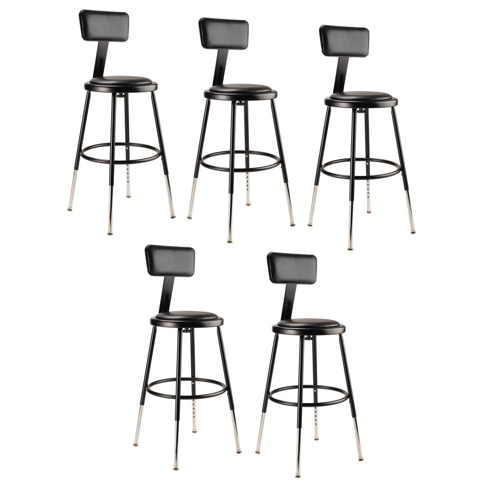 (5 Pack) NPS® 19"-27" Height Adjustable Heavy Duty Vinyl Padded Steel Stool With Backrest, Black