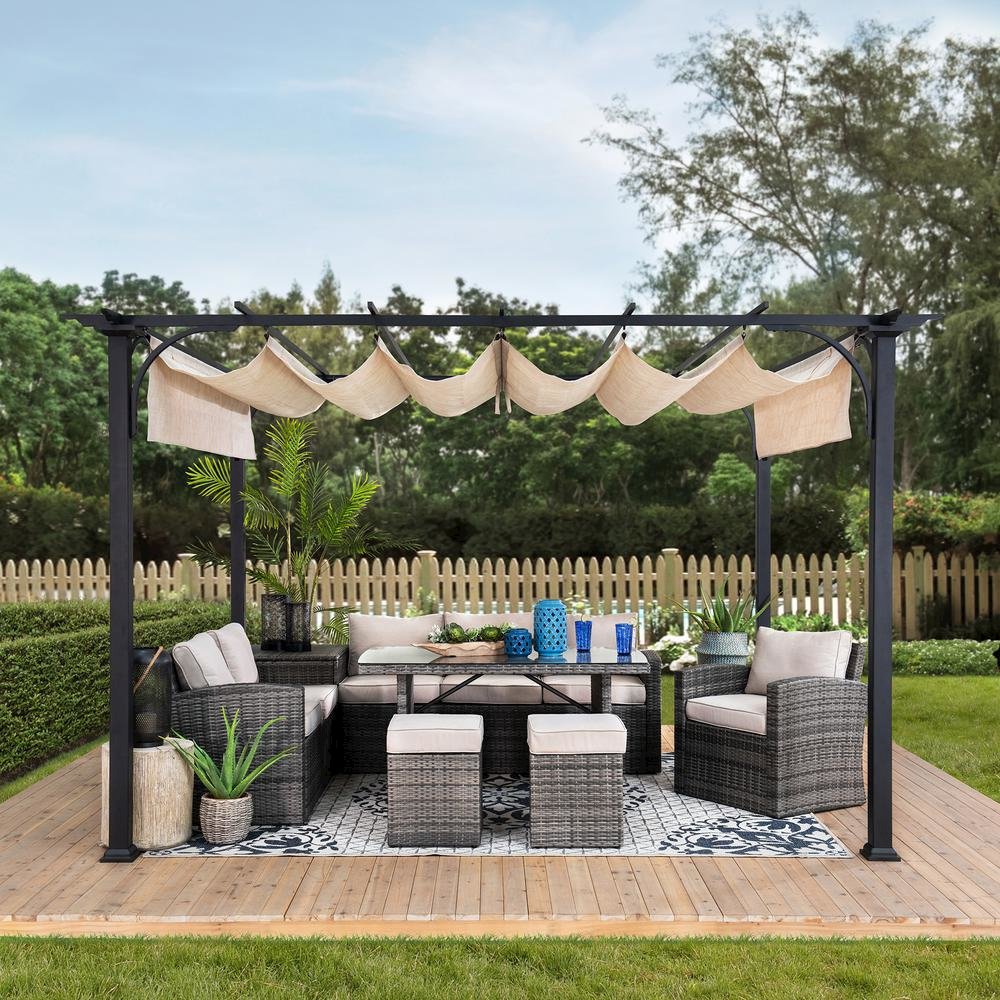 Sunjoy Jalen 12 x 9ft Patio Steel Frame Pergola with Retractable Canopy Shade