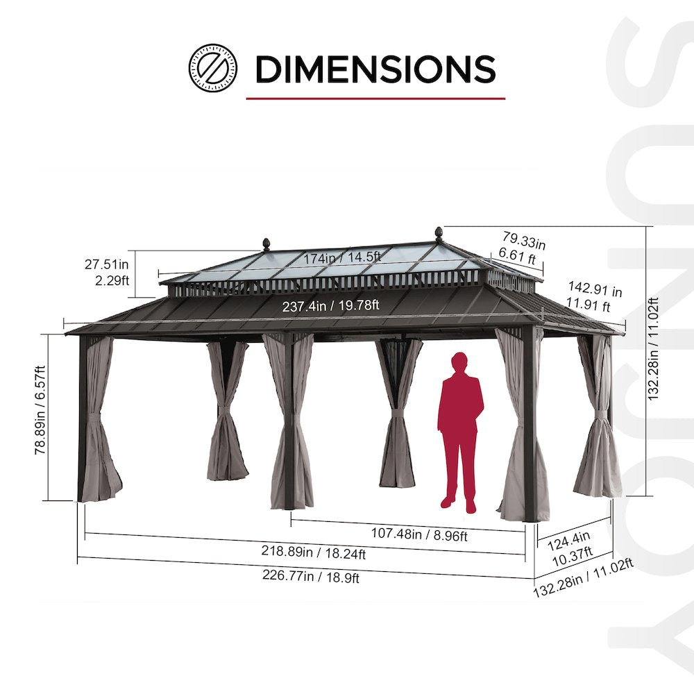 20 ft x 12 ft Hardtop Gazebo with Steel Roof, Brown Aluminum Frame