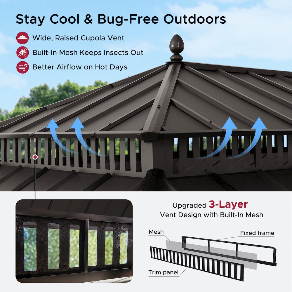 20 ft x 12 ft Aluminum Frame Steel Double Roof Hardtop Rectangular Gazebo, Brown