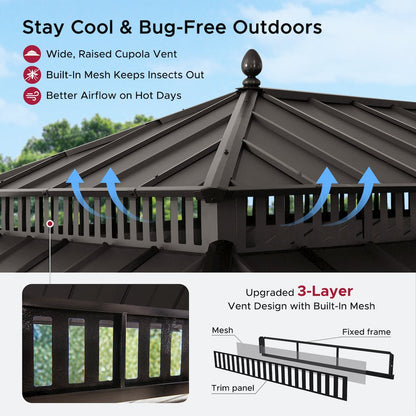 20 ft x 12 ft Aluminum Frame Steel Double Roof Hardtop Rectangular Gazebo, Brown