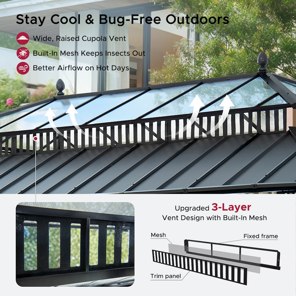 20 ft x 12 ft Aluminum Hardtop Gazebo with Polycarbonate Roof Hardtop, Woodgrain