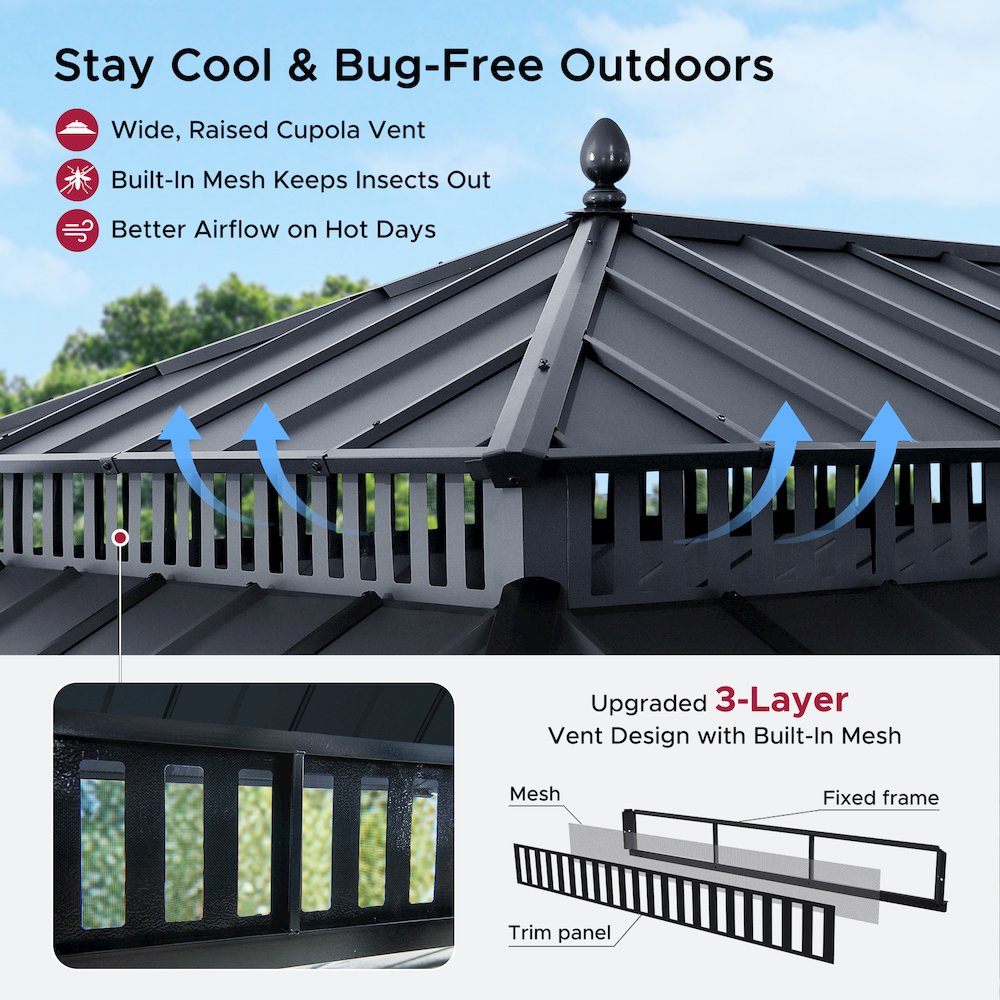 20 ft x 12 ft Aluminum Frame Steel Double Roof Hardtop Rectangular Gazebo, Grey