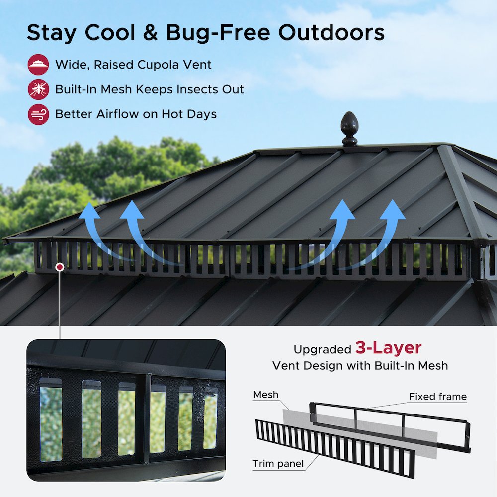 16 ft x 12 ft Aluminum Frame Steel Double Roof Hardtop Rectangular Gazebo, Grey