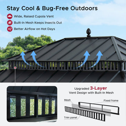16 ft x 12 ft Aluminum Frame Steel Double Roof Hardtop Rectangular Gazebo, Grey