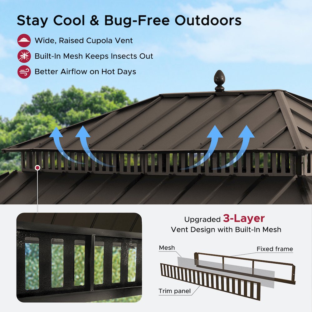 16 ft x 12 ft Aluminum Frame Steel Double Roof Hardtop Rectangular Gazebo, Brown