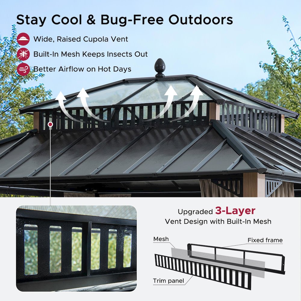 12 ft x 10 ft Hardtop Gazebo with Steel & PC Roof, Woodgrain Aluminum Frame