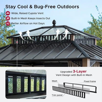 12 ft x 10 ft Hardtop Gazebo with Steel & PC Roof, Woodgrain Aluminum Frame