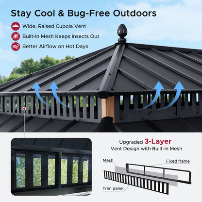 20 ft x 12 ft Hardtop Gazebo with Steel Roof, Woodgrain Aluminum Frame