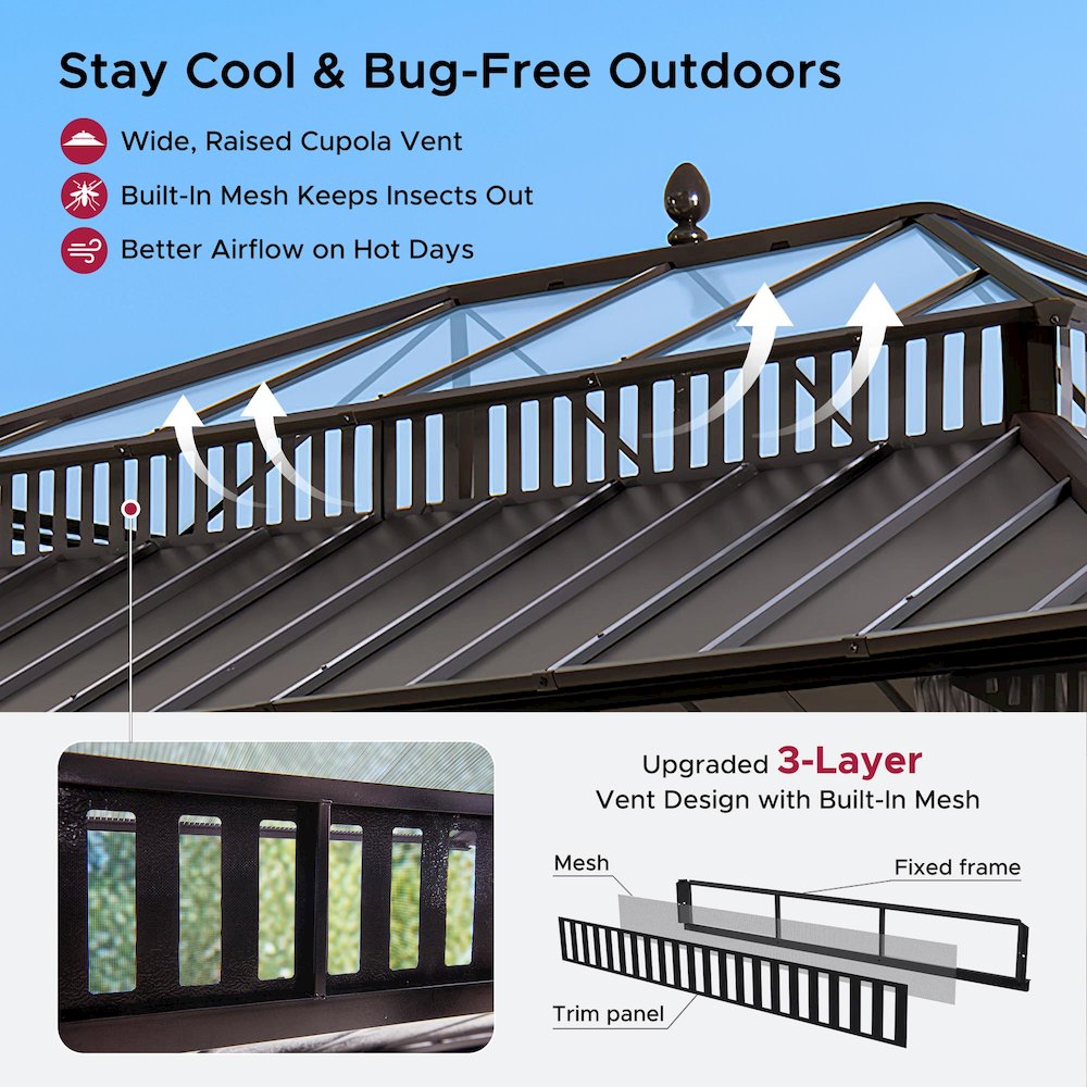 16 ft x 12 ft Hardtop Gazebo, Steel & Polycarbonate Roof, Brown Aluminum Posts