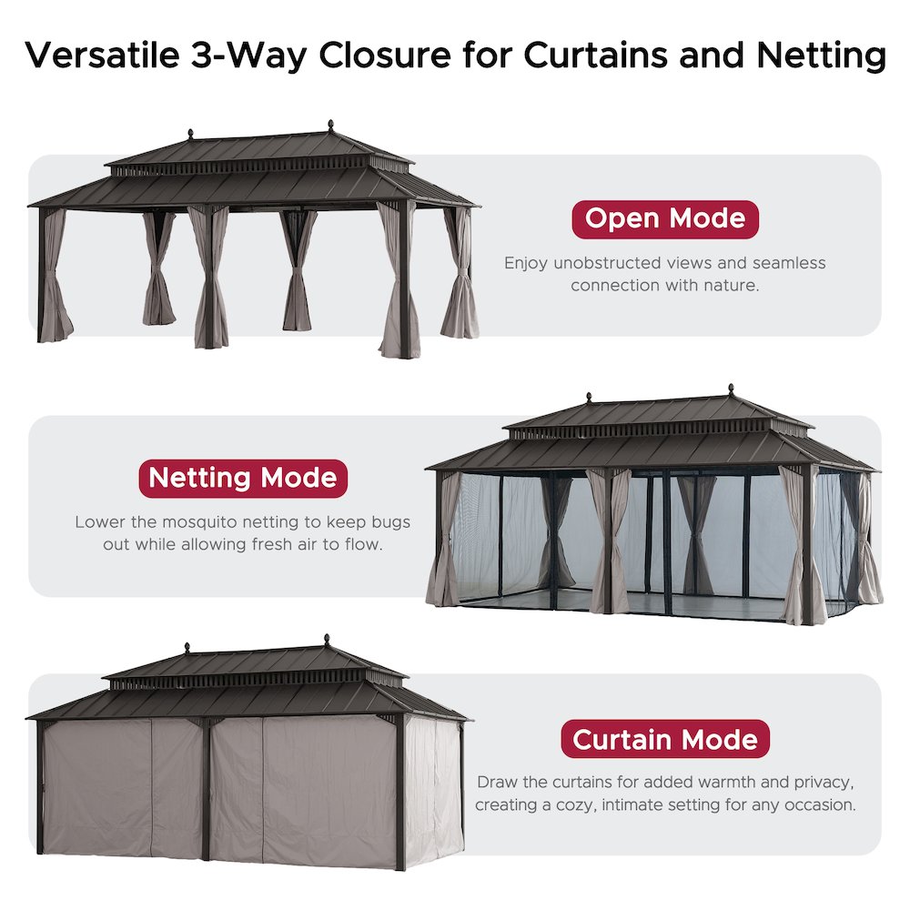 20 ft x 12 ft Aluminum Frame Steel Double Roof Hardtop Rectangular Gazebo, Brown