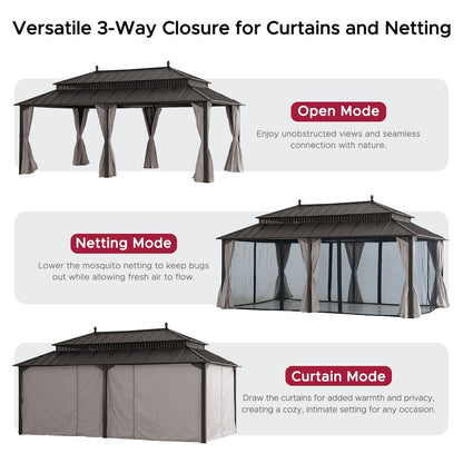 20 ft x 12 ft Aluminum Frame Steel Double Roof Hardtop Rectangular Gazebo, Brown