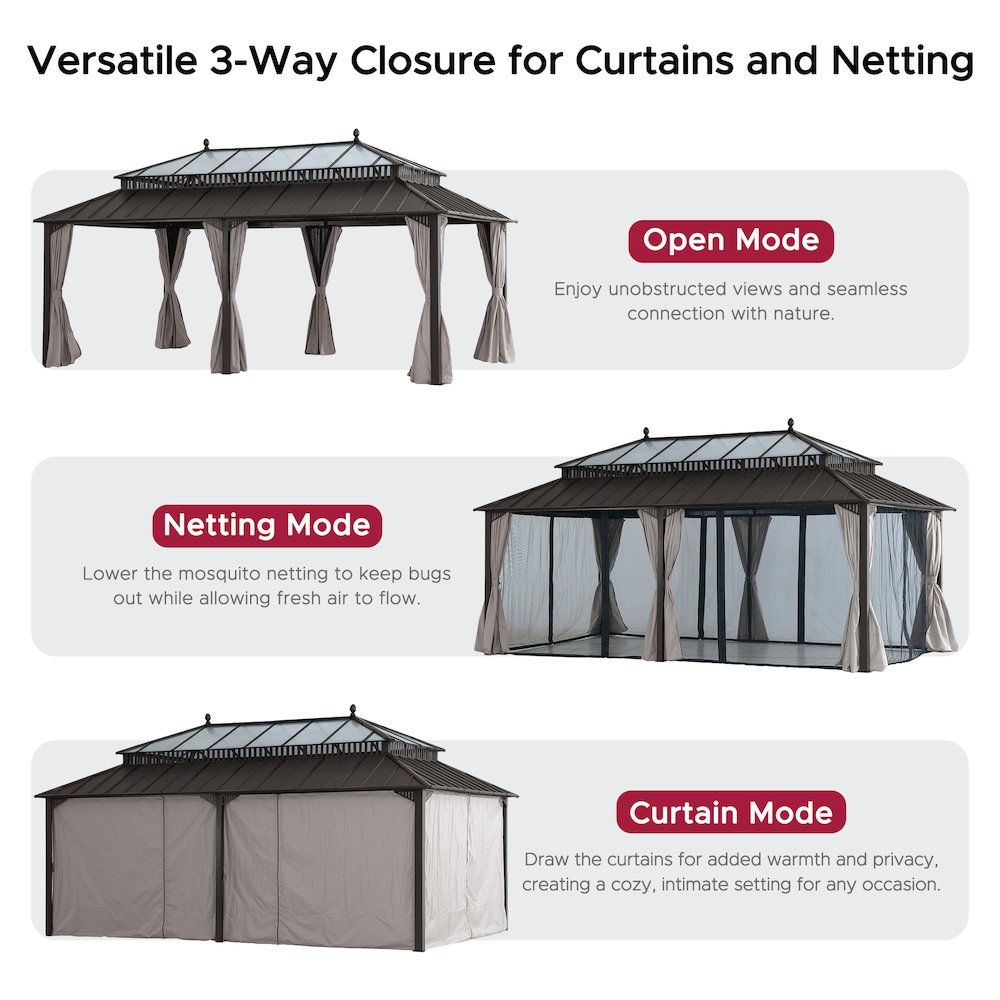 20 ft x 12 ft Hardtop Gazebo with Steel Roof, Brown Aluminum Frame
