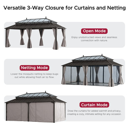 20 ft x 12 ft Hardtop Gazebo with Steel Roof, Brown Aluminum Frame