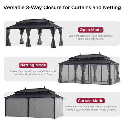 20 ft x 12 ft Aluminum Frame Steel Double Roof Hardtop Rectangular Gazebo, Grey