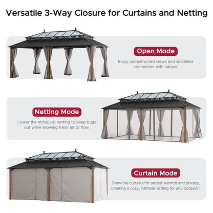 20 ft x 12 ft Aluminum Hardtop Gazebo with Polycarbonate Roof Hardtop, Woodgrain