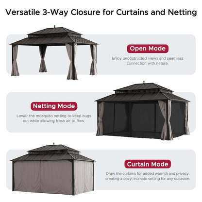 16 ft x 12 ft Aluminum Frame Steel Double Roof Hardtop Rectangular Gazebo, Brown
