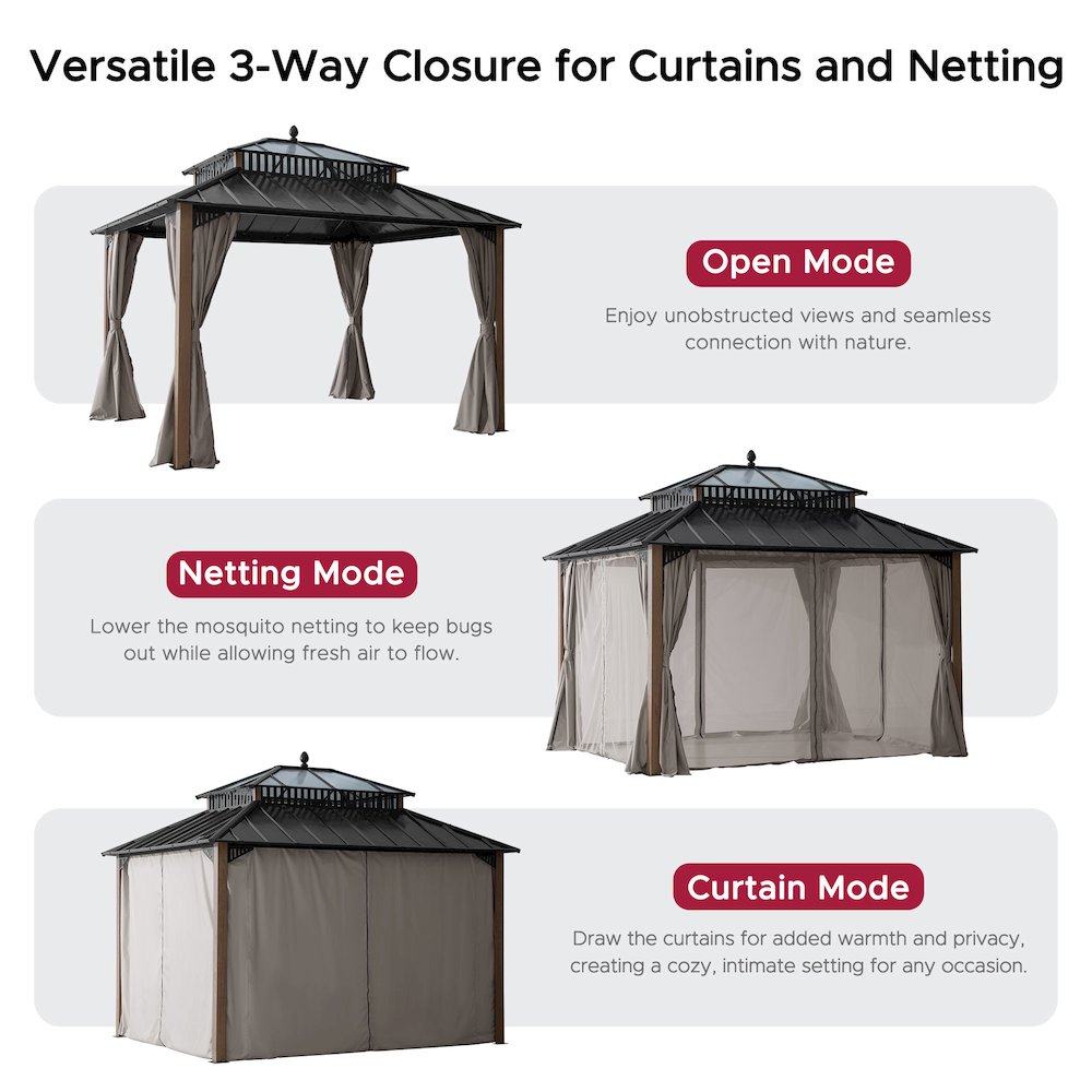 12 ft x 10 ft Hardtop Gazebo with Steel & PC Roof, Woodgrain Aluminum Frame
