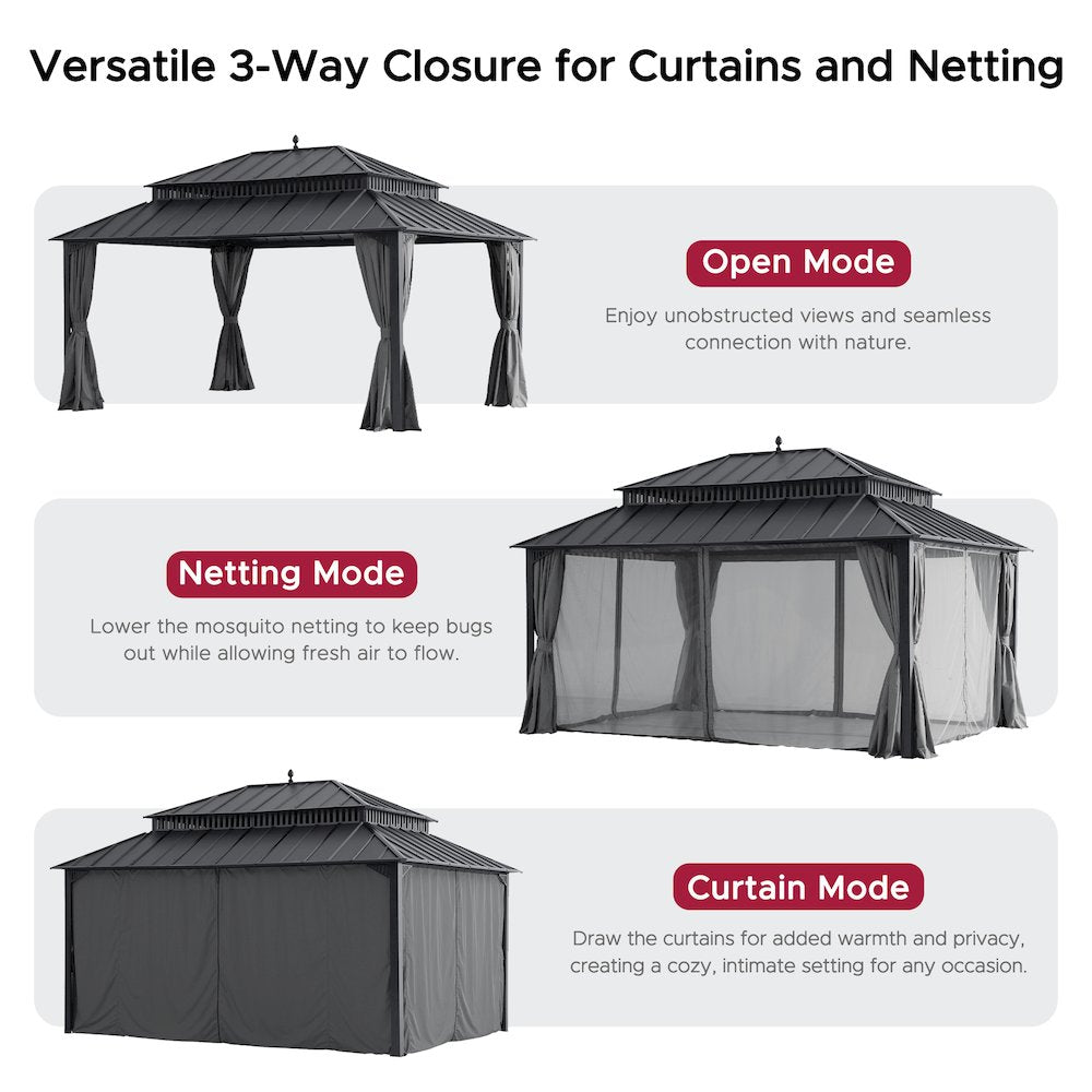 16 ft x 12 ft Aluminum Frame Steel Double Roof Hardtop Rectangular Gazebo, Grey