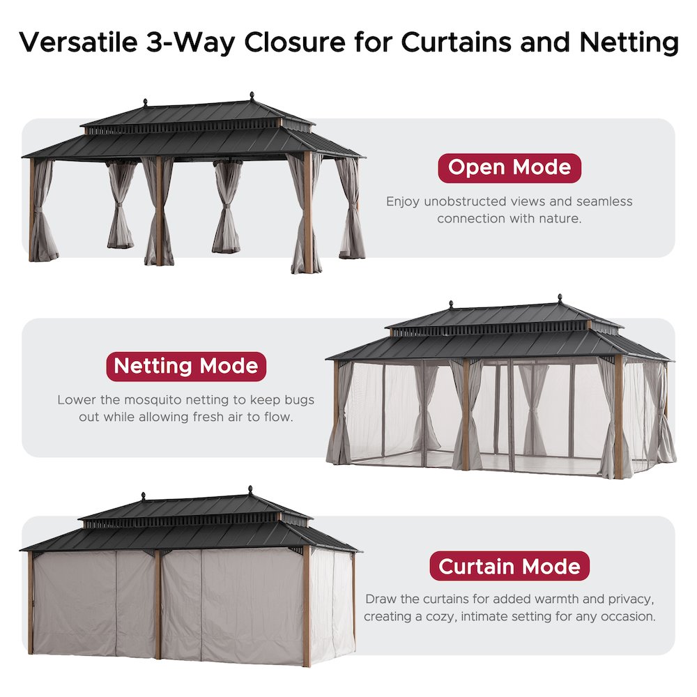 20 ft x 12 ft Hardtop Gazebo with Steel Roof, Woodgrain Aluminum Frame