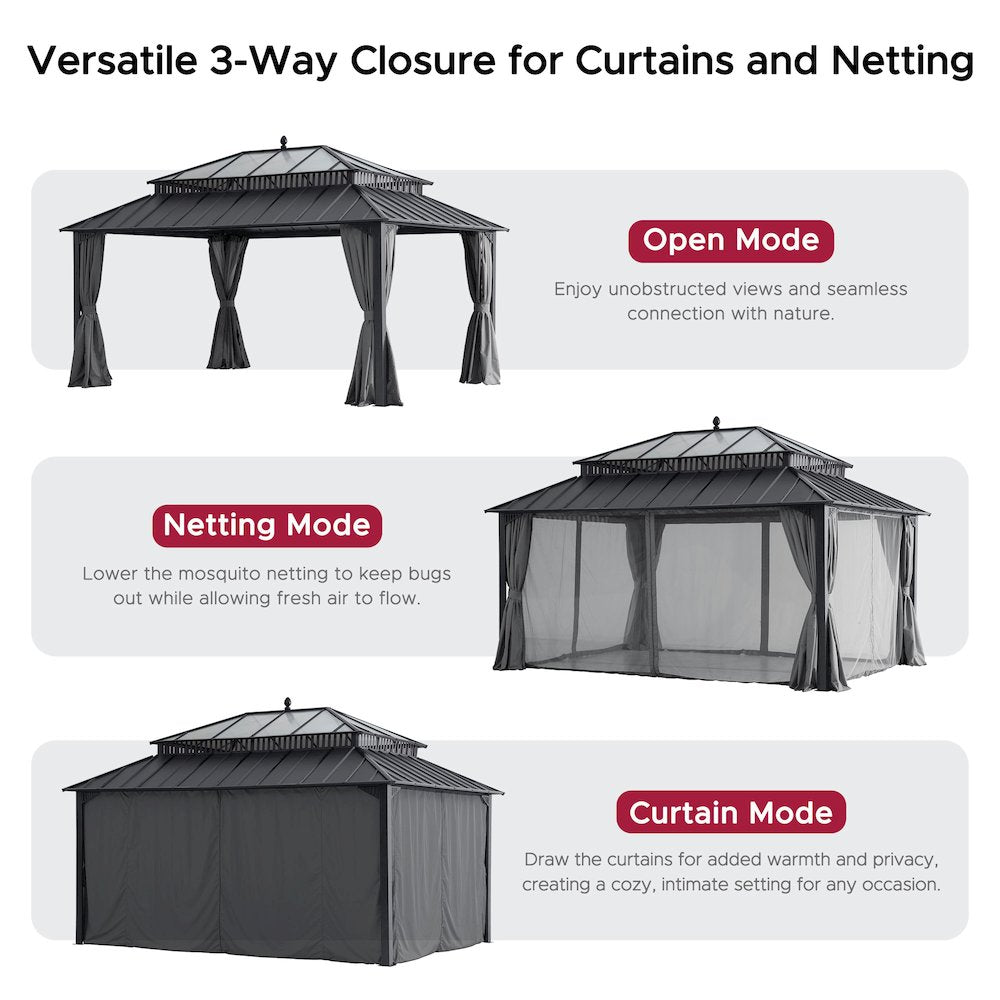 16 ft x 12 ft Hardtop Gazebo, Steel & PC Roof, Gray Woodgrain Aluminum