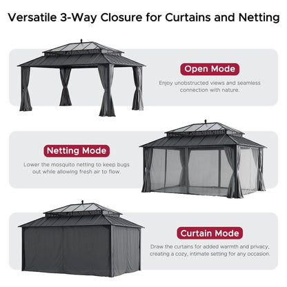 16 ft x 12 ft Hardtop Gazebo, Steel & PC Roof, Gray Woodgrain Aluminum