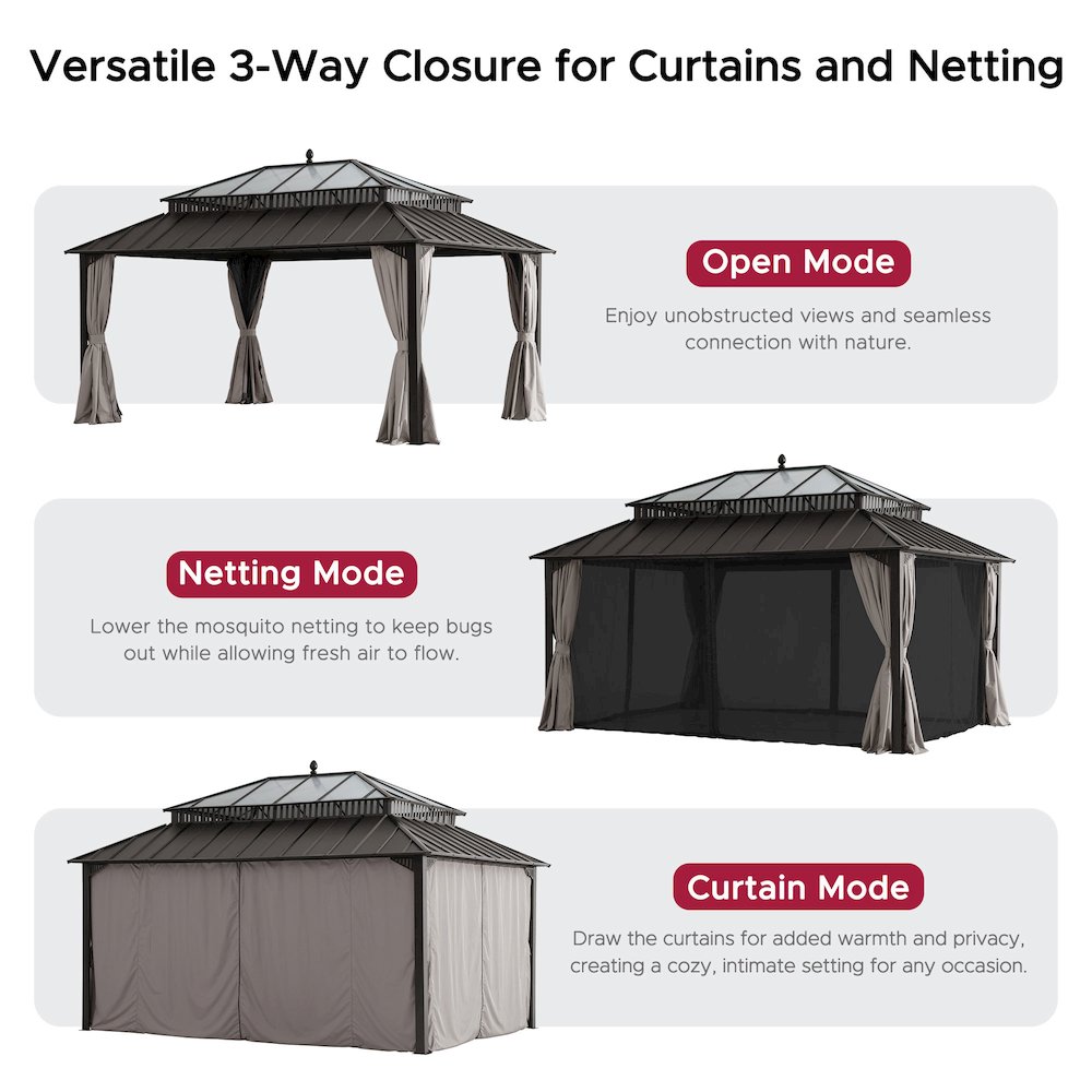 16 ft x 12 ft Hardtop Gazebo, Steel & Polycarbonate Roof, Brown Aluminum Posts