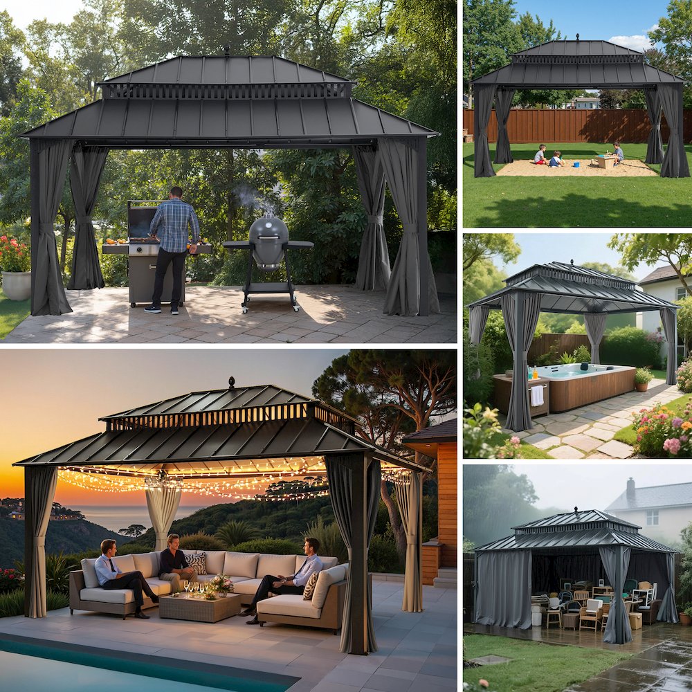 16 ft x 12 ft Aluminum Frame Steel Double Roof Hardtop Rectangular Gazebo, Grey