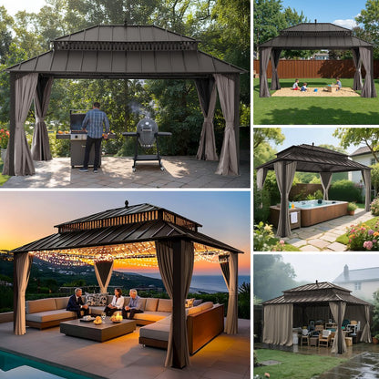 16 ft x 12 ft Aluminum Frame Steel Double Roof Hardtop Rectangular Gazebo, Brown