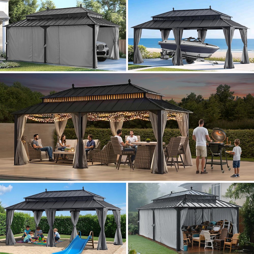 20 ft x 12 ft Aluminum Frame Steel Double Roof Hardtop Rectangular Gazebo, Grey