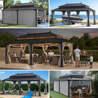 20 ft x 12 ft Aluminum Frame Steel Double Roof Hardtop Rectangular Gazebo, Grey