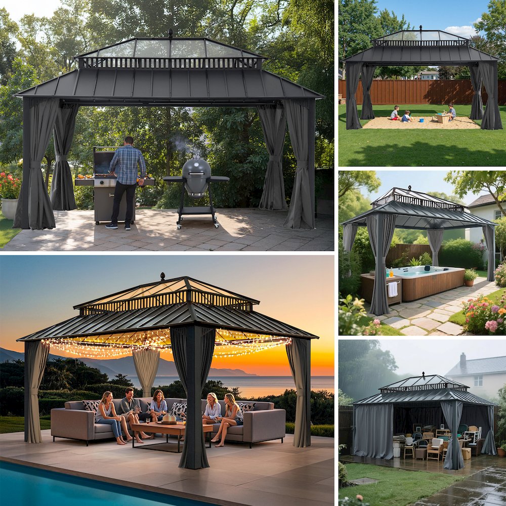 16 ft x 12 ft Hardtop Gazebo, Steel & PC Roof, Gray Woodgrain Aluminum