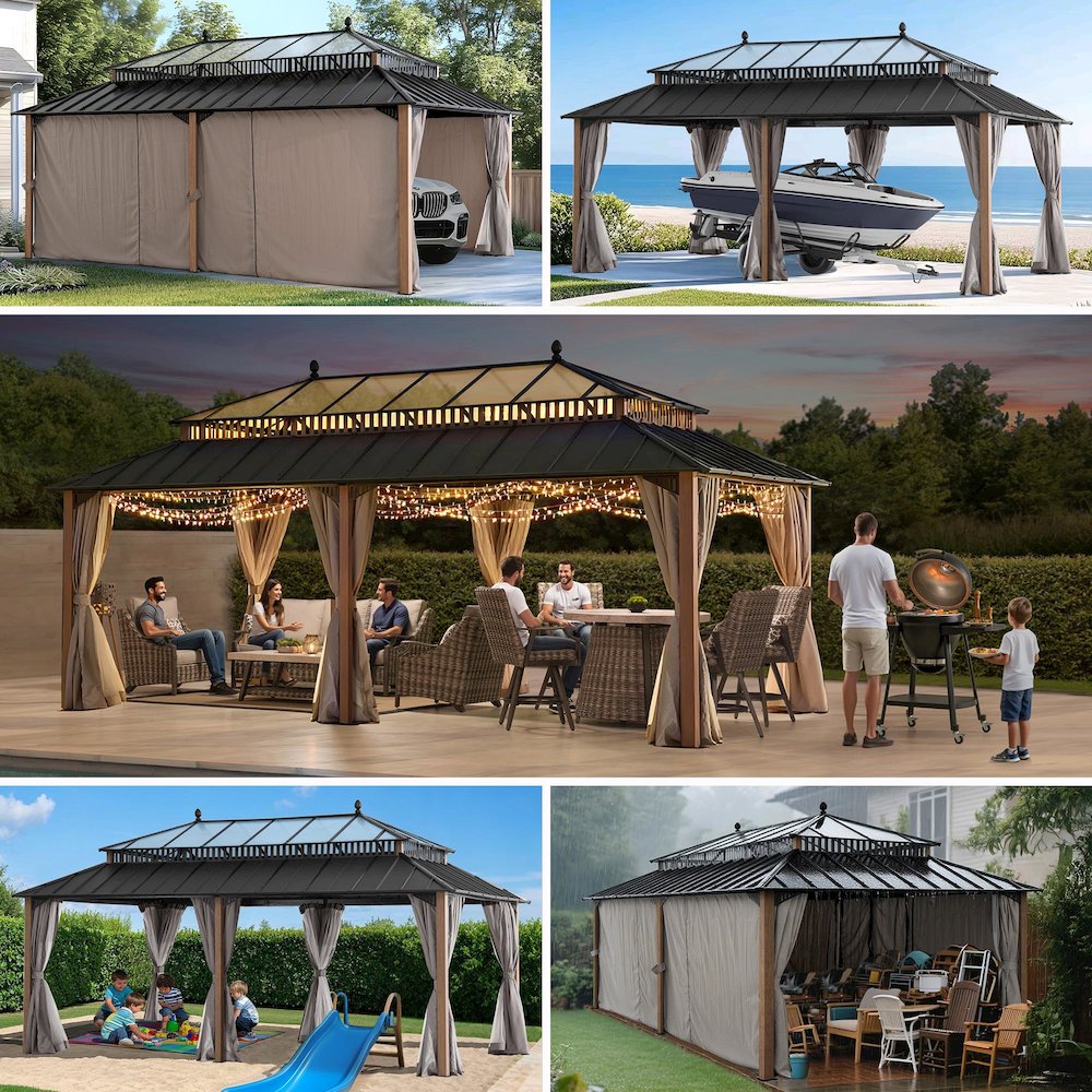 20 ft x 12 ft Aluminum Hardtop Gazebo with Polycarbonate Roof Hardtop, Woodgrain