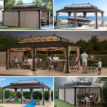 20 ft x 12 ft Hardtop Gazebo with Steel Roof, Brown Aluminum Frame