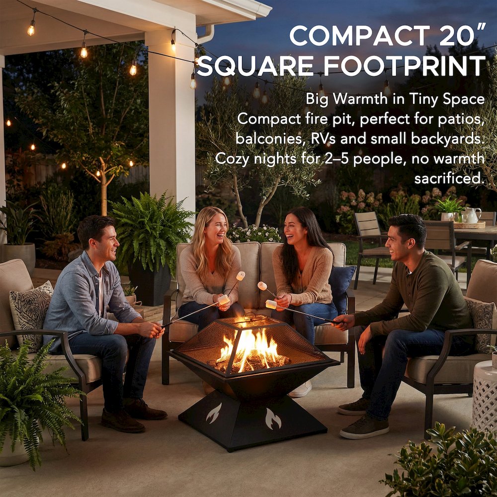 20-Inch Outdoor Steel Firepit with Spark Screen & Sleek Geometric Base