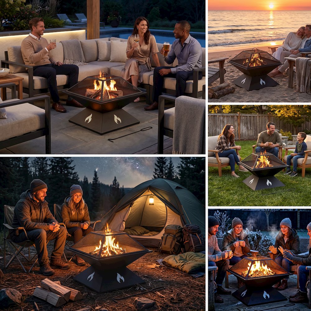 20-Inch Outdoor Steel Firepit with Spark Screen & Sleek Geometric Base