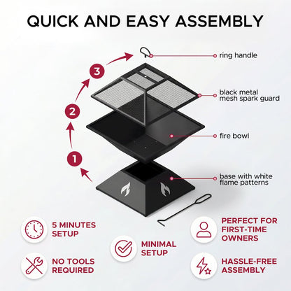 20-Inch Outdoor Steel Firepit with Spark Screen & Sleek Geometric Base